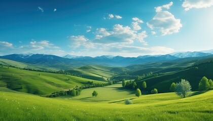 A stunning spring day landscaping views of fertile land surrounded beautiful green vegetation, wide stretches of hills and mountains with clear skies in spring