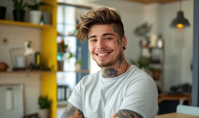 Obraz premium Smiling tattooed young man in casual clothing