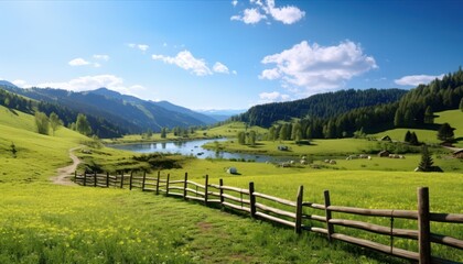 Fototapeta premium A stunning spring day landscaping views of fertile land surrounded beautiful green vegetation, wide stretches of hills and mountains with clear skies in spring