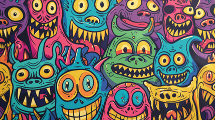 Whimsical Monster Doodle Pattern with Colorful Smiling Characters