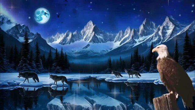 wolves howling in the lake by moonlight