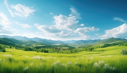 Fototapeta premium A stunning spring day landscaping views of fertile land surrounded beautiful green vegetation, wide stretches of hills and mountains with clear skies in spring
