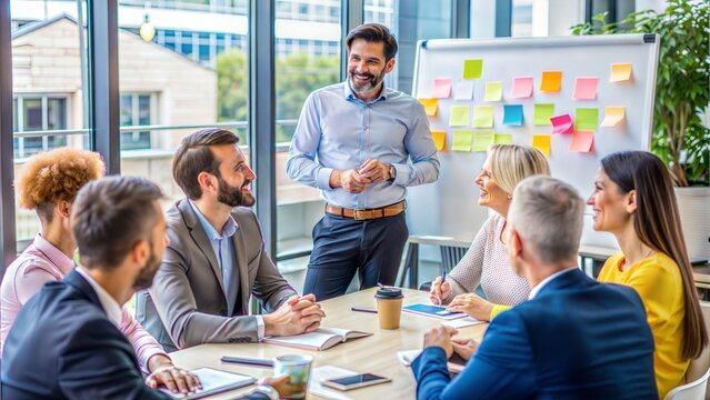 Innovative Leader – Team Collaboration: An innovative leader facilitating a collaborative brainstorming session with their team.
