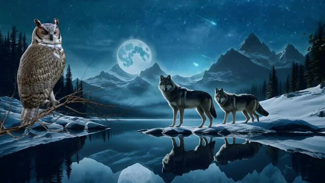 wolves howling in the lake by moonlight
