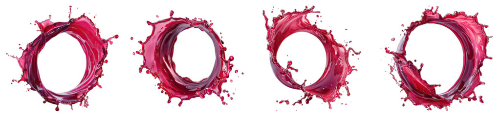 Cranberry Juice Splash isolated on transparent png background collection set . Generative ai