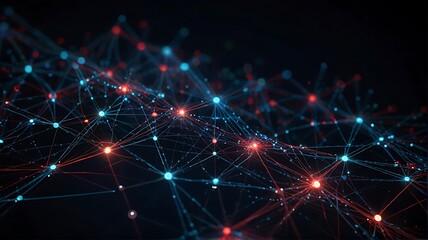 Obraz premium The image is a dark background with many blue and red dots connected by thin lines.