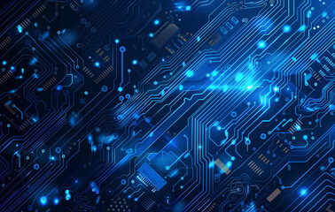 Abstract blue circuit board background with a chip and light effect vector illustration. AI technology concept