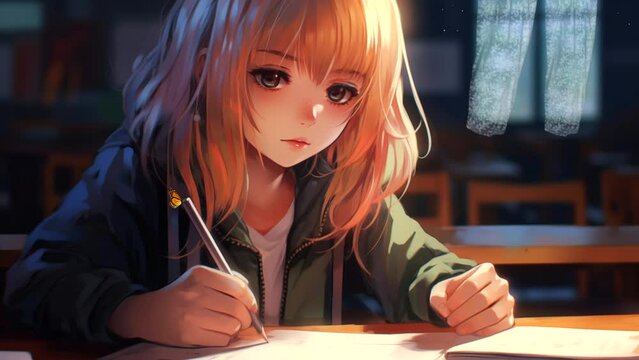 Beautiful girl doing schoolwork in the classroom, lofi background music, chill vibes. Looping time-lapse animation background