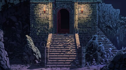 A dark, ominous castle with a large stone entrance