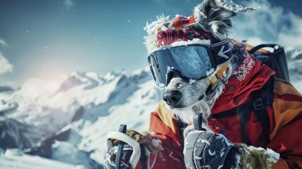 Naklejka premium Skiing set dressed animal portrait dog winter advertisement background by generative AI midjourney 6 movie scene