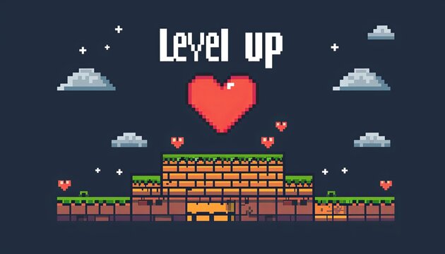 A pixelated video game advertisement for a game called Level Up