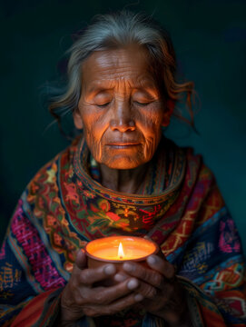 A Magar woman from Nepal, in candle light meditating or praying. 