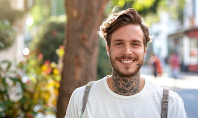 Obraz premium Smiling tattooed young man in casual clothing