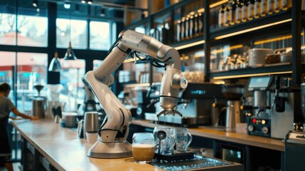 A robotic barista making coffee in a trendy caf&Atilde;&copy;, blending technology with daily routines