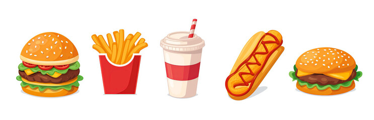 Set of fast food cartoon isolated illustrations. Burger, hot dog, soda, French fries