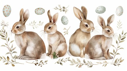 Adorable Easter bunny clip art set in watercolor style, ideal for greeting cards, decorations, and seasonal crafts. These hand-drawn illustrations capture the joy and whimsy of springtime celebrations