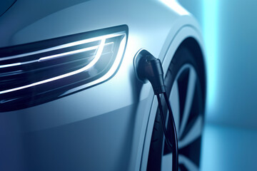 Car is plugged in to charger with blue background.