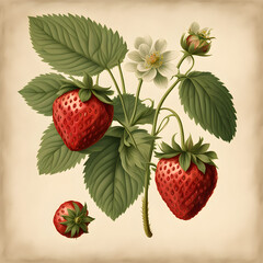 strawberries on bush with leaves in style of vintage lithograph or risograph print