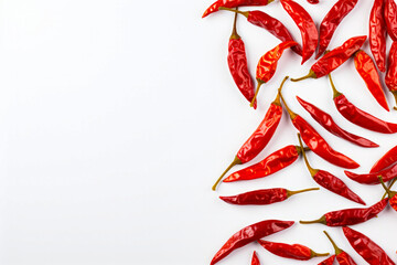 Group of red peppers on white surface with white background.