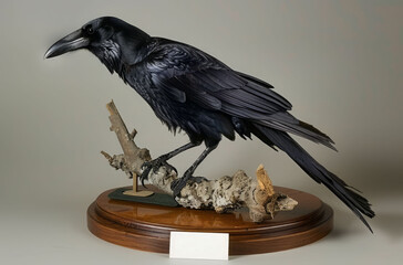Naklejka premium The taxidermy mounted raven stands on a wooden base.