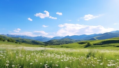 A stunning spring day landscaping views of fertile land surrounded beautiful green vegetation, wide stretches of hills and mountains with clear skies in spring