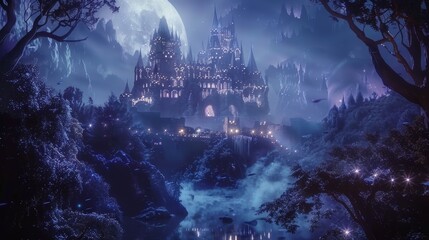 Enchanted nightscape, fairytale castle with twinkling lights, moon casting a gentle glow, ethereal forest surrounding, dreamy and surreal scene