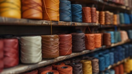 Lined up on shelves a variety of leather stitching threads in different shades and thicknesses await the leatherworkers next project.