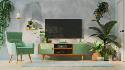 Pastel TV room with green armchair and decoration accessory- 3D rendering
