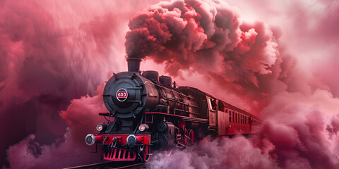 The train is travelling through the steam clouds
train with smoke. 