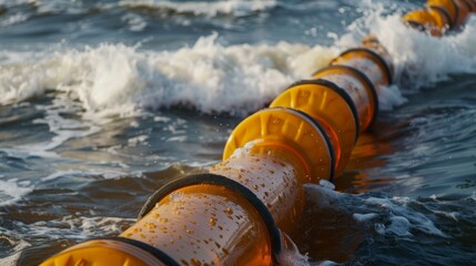 As the waves crash against the shoreline a strong plastic barrier floats in the water working to prevent the spread of oil.
