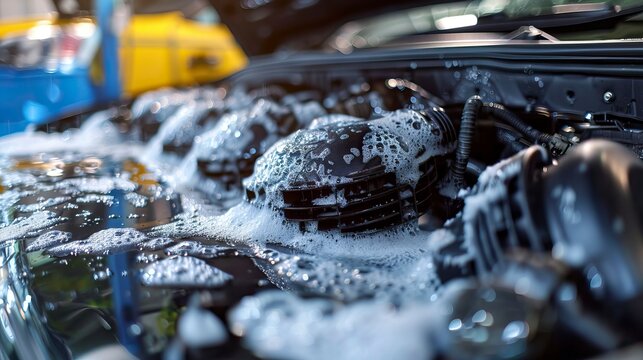 Car engine after washing, concept of car care, poen
