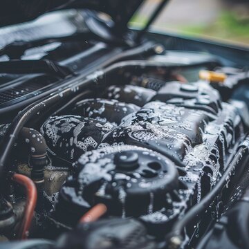 Car engine after washing, concept of car care, poen