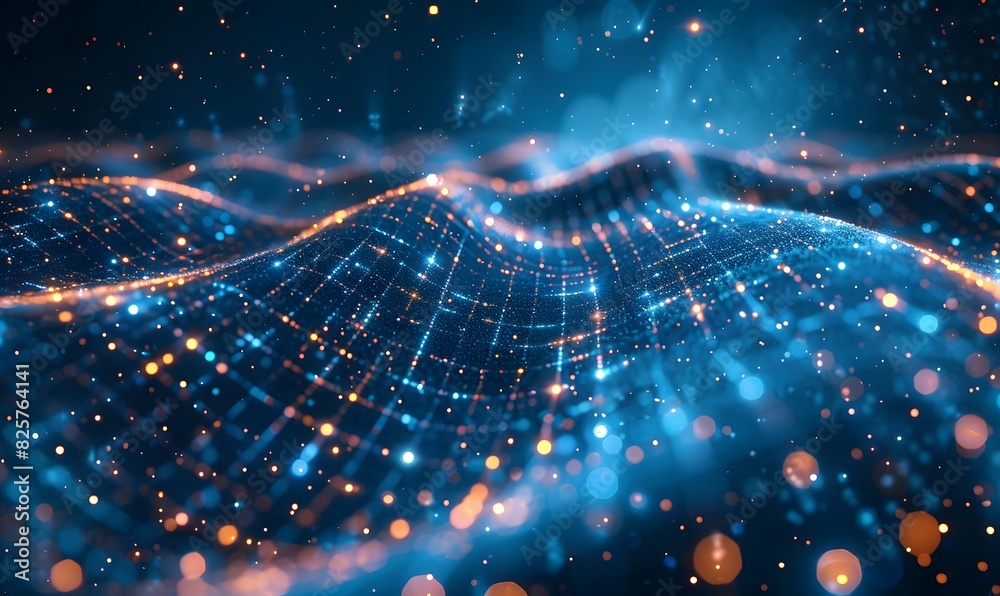 Wall mural abstract background with blue glowing neon lines and bokeh lights. data transfer concept. digital wa