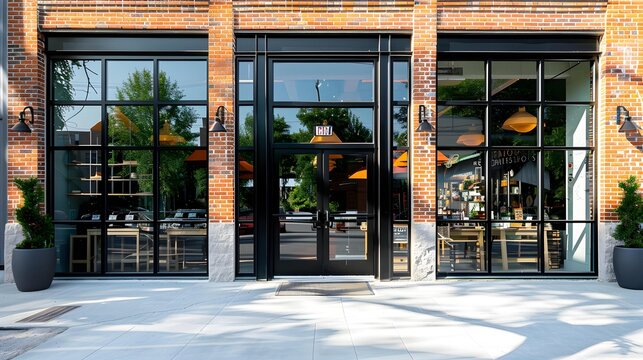 Modern urban storefront with large windows and brick accents