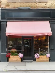 Modern storefront with pink awning and flower planters in urban setting 