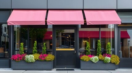 Modern storefront with pink awning and flower planters in urban setting 