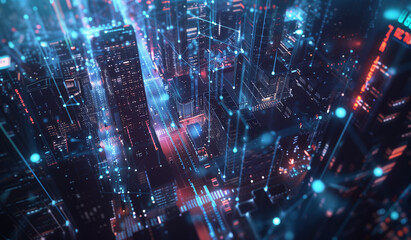 3D rendering of the cityscape with glowing data connections and futuristic buildings. In the center, there is an aerial view of digital technology and smart urban elements. The sky above shows a blue 