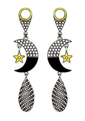 Jewelry design fancy moon earrings set with diamond sketch by hand drawing on paper.