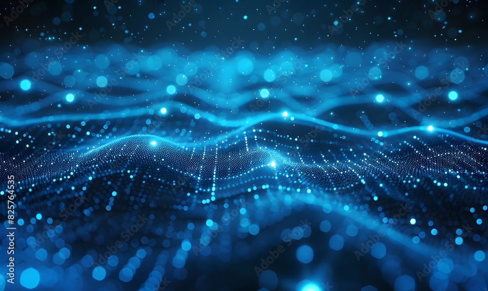 Wall mural abstract background with blue glowing neon lines and bokeh lights. data transfer concept. digital wa