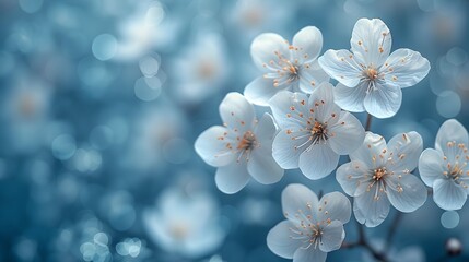 Elegant White Blossoms in High Closeup on a Vibrant Blue Backdrop