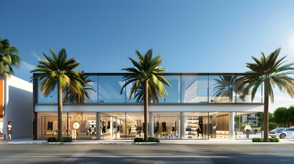 Modern shopping area with palm trees and fashion store window 
