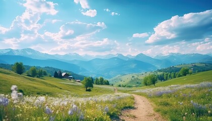 Fototapeta premium A stunning spring day landscaping views of fertile land surrounded beautiful green vegetation, wide stretches of hills and mountains with clear skies in spring