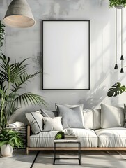 Modern living room interior with a blank poster on the wall, surrounded by indoor plants, photo-realistic style on a natural light background, concept of home decor