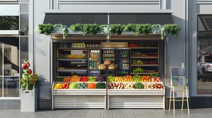 Modern grocery storefront, vibrant product display, city street view.