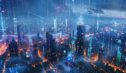 
Futuristic cityscape with digital connections and data flow lines, illuminated in the style of neon lights at night
