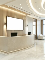 Modern clinic foyer with elegant reception and blank TV screen