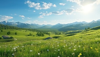 A stunning spring day landscaping views of fertile land surrounded beautiful green vegetation, wide stretches of hills and mountains with clear skies in spring