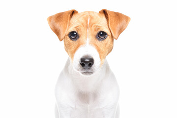 Portrait of an adorable Jack Russell Terrier puppy, closeup, isolated on a white background
