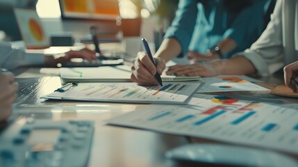 A team of analysts works on a dashboard analyzing financial data on paper to use as market indicators for strategic business planning.