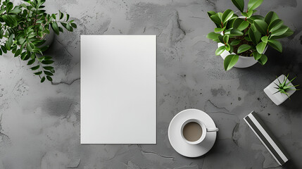 Blank paper sheets for brochure on grey background, top view, Blank paper sheet on beige table. Artist home office desk workspace, Blank sheet of paper on white fabric linen background, Generative Ai